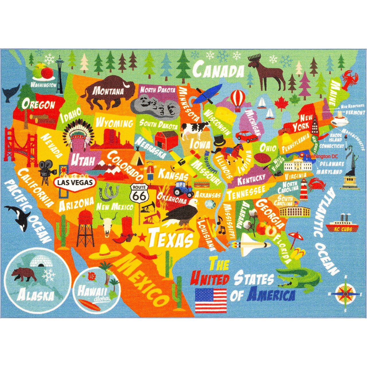 KC Cubs: Educational Rug: USA Map - 3x5' Playmat - Interactive Geography Play, United States Activity Area Carpet, Bedroom-Classroom, Baby-Toddler-Kid